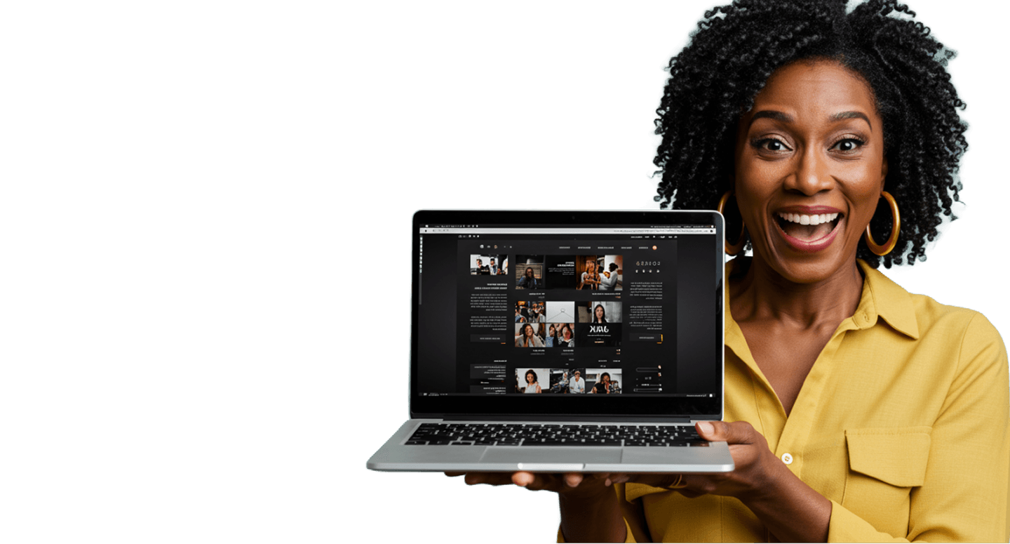 woman holding up a laptop with website content on it