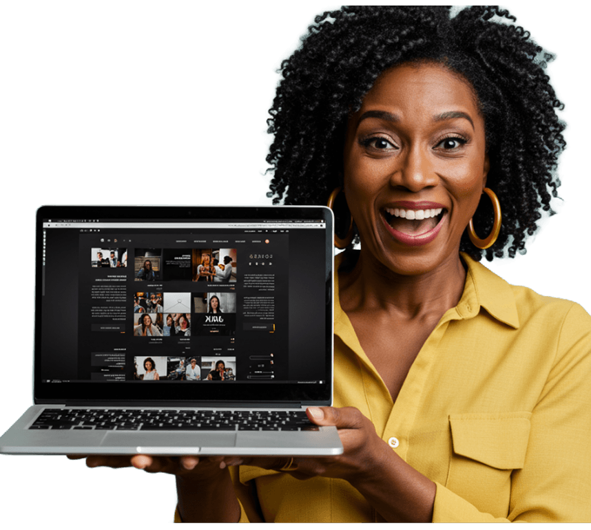 woman holding up a laptop with website content on it (mobile)